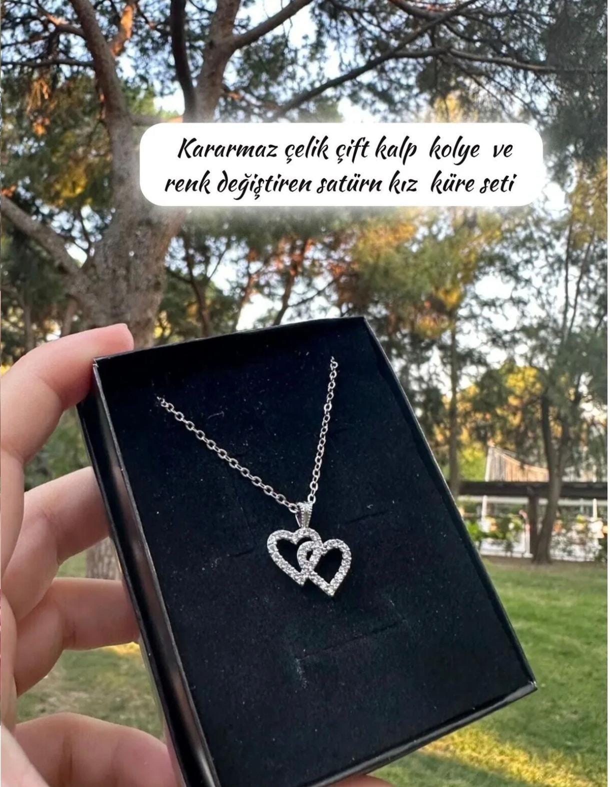 Çelik çift kalp kolye iç içe geçen kalp kolye ve satürn kız küre seti konsept sevgiliye