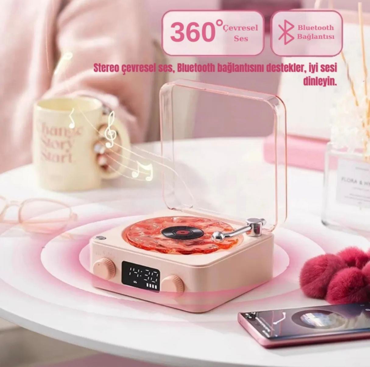 Nostalji Plak Çalar Bluetooth Subwoofer 3d Ses Dalgası Retro Müzik Plak Çalar Pembe