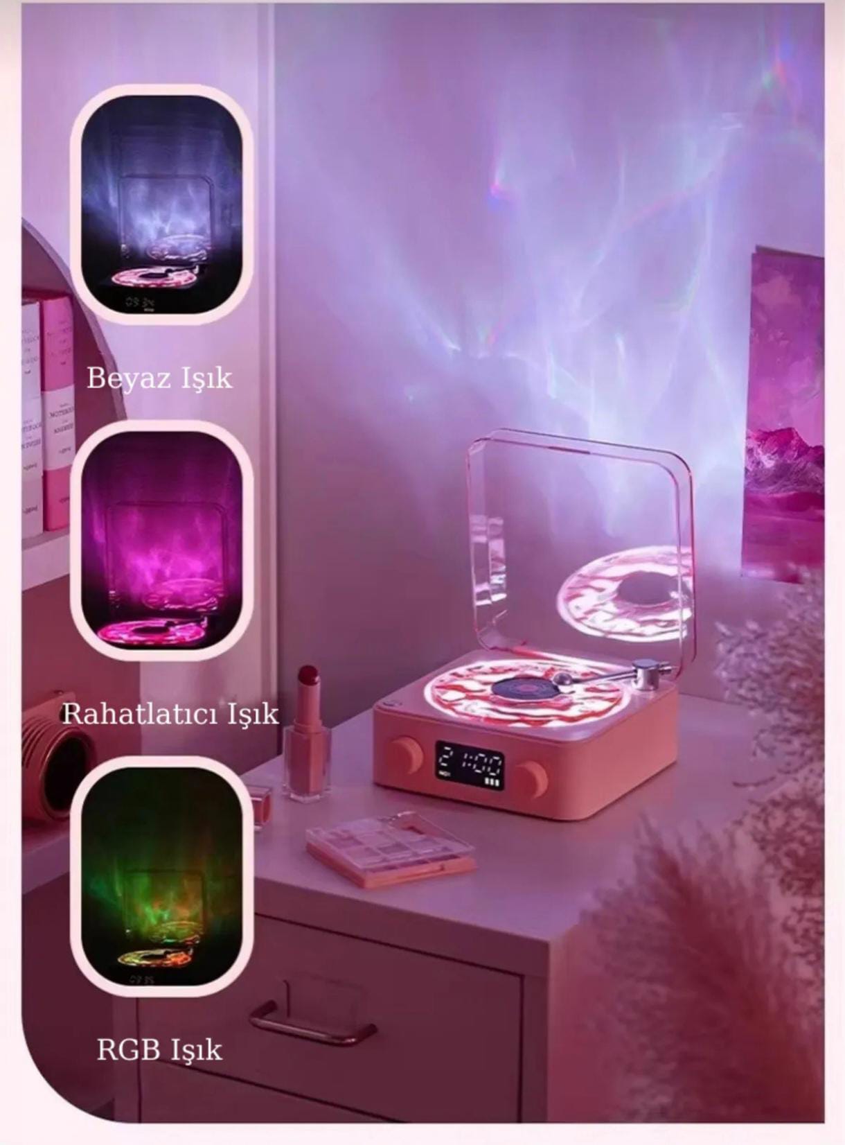 Nostalji Plak Çalar Bluetooth Subwoofer 3d Ses Dalgası Retro Müzik Plak Çalar Pembe