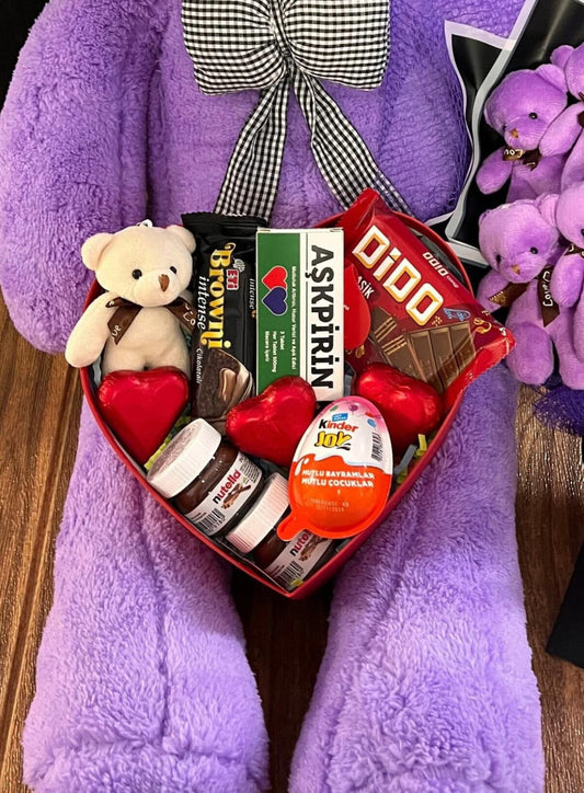 80 Cm Mor Ayıcık Aşk Ve Dolu Romantik Hediye Kutusu - Ve Ayıcık Buketi